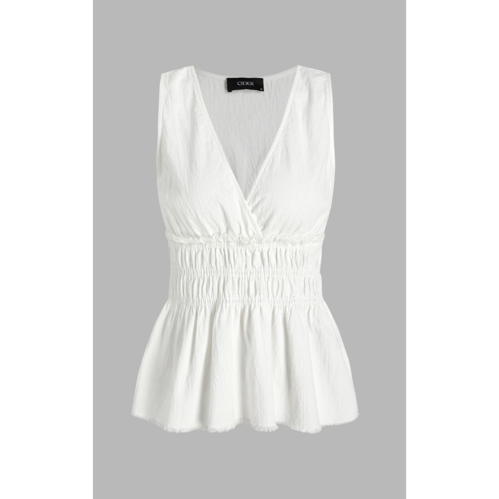 Cider V-neck Ruffle Raw Hem Smocked Tank Top Elasticized Waist‎ Peplum XL White